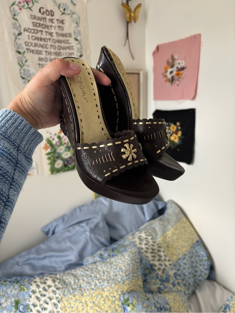 Brown y2k floral Leather platform summer Sandals 6.5